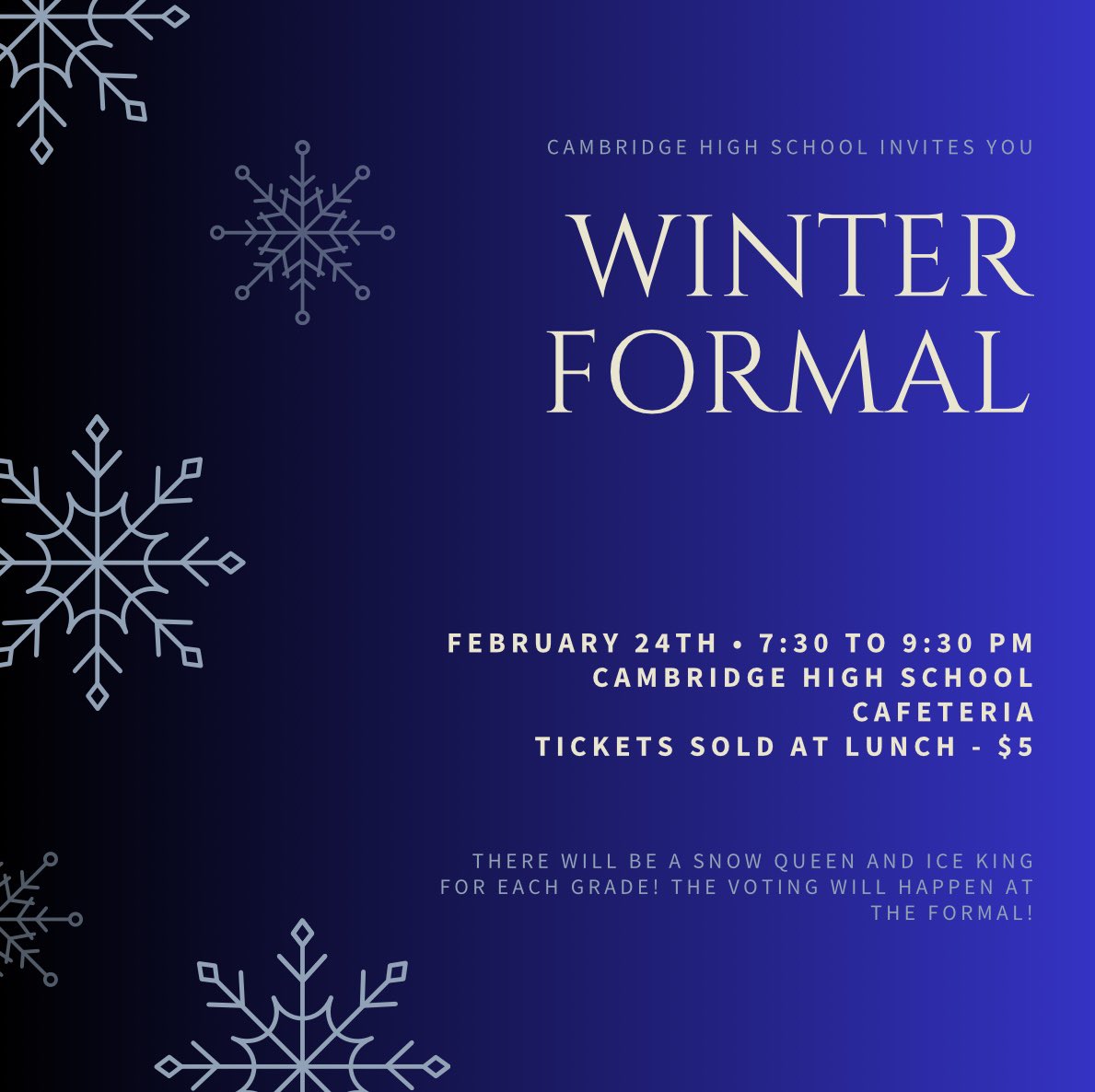 We have changed the date and time of our 2024 Winter Formal. We hope everyone is able to attend &amp; enjoy the winter wonderland! ❄️🤍