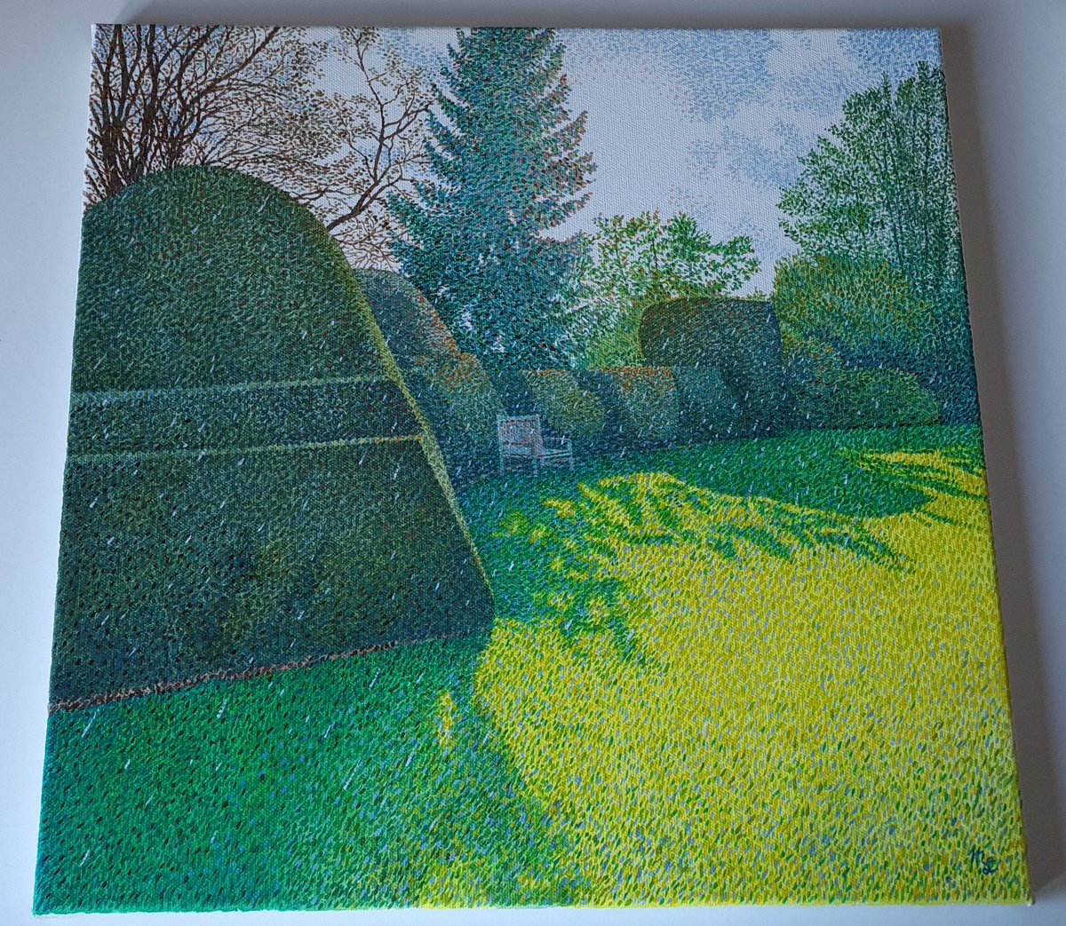 I added rain to the garden scene, the cold winter light and atmosphere was so good when I visited the location I could not resist keeping it there!

#gardenpainting #derbyshireartist  #gardentopiary #Nottinghamshire #holmepierrepont