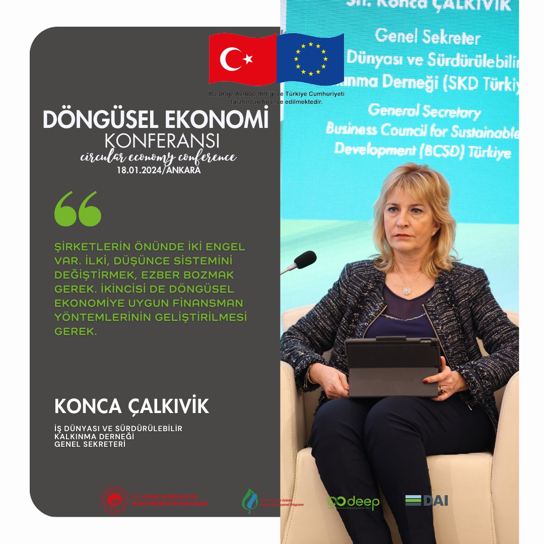 Döngüsel Ekonomi Konferansı’nda “Döngüsel Ekonomi - Yeşil Mutabakat” oturumu gerçekleşti. Birleşmiş Milletler Kalkınma Programı @undpturkiye Mukim Temsilcisi Louisa Vinton iklim değişikliği nedeniyle tarihin en sıcak kışının yaşandığını belirterek, sürdürülebilir bir ekonomi