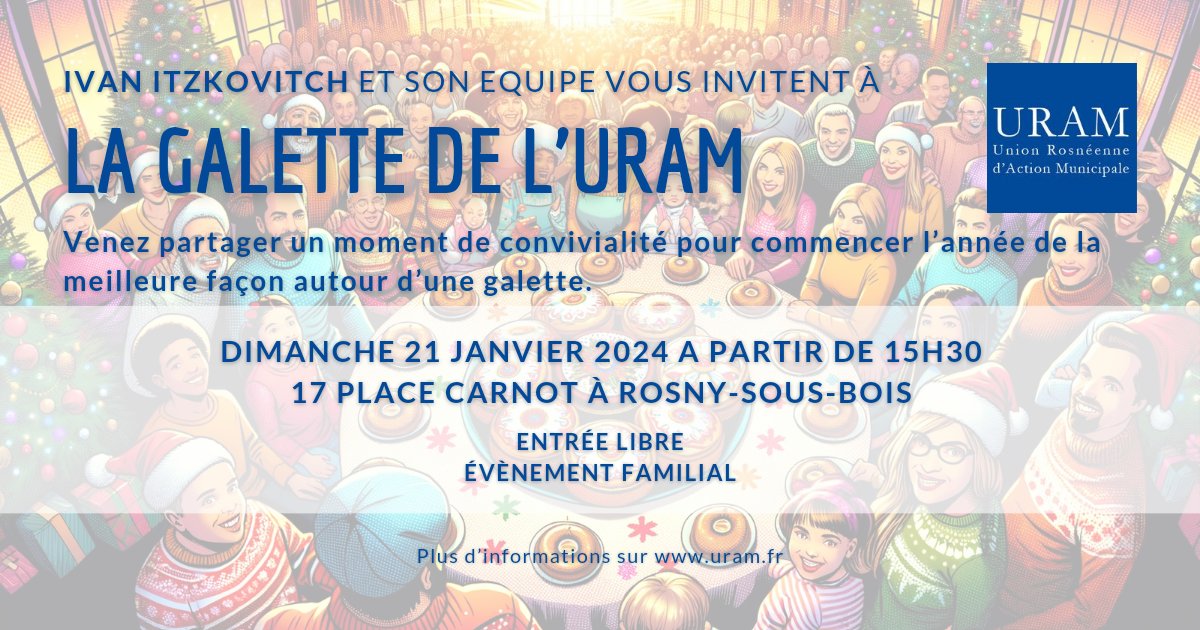 C'est bientôt ! Venez partager un moment de convivialité pour commencer 2024 dans la bonne humeur.
🗓️ dimanche 21 janvier
⌚ Dès 15h30
📍 17 place Carnot à <a href="/Rosny_sous_Bois/">Rosny-sous-Bois</a>
👥 Événement ouvert à toutes et tous