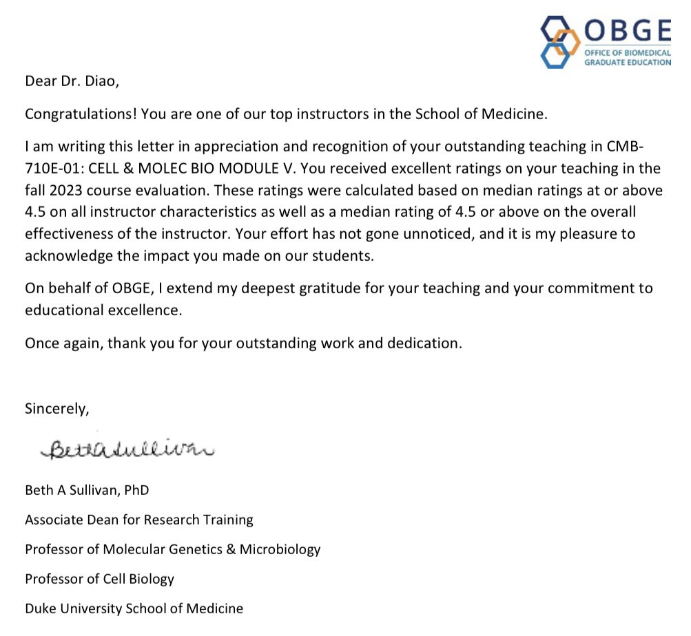 Happy to be recognized by @DukeObge as one of the top instructors at @DukeMedSchool. Thank you my students - You are the best @Duke_CMB @DukeCellBiology