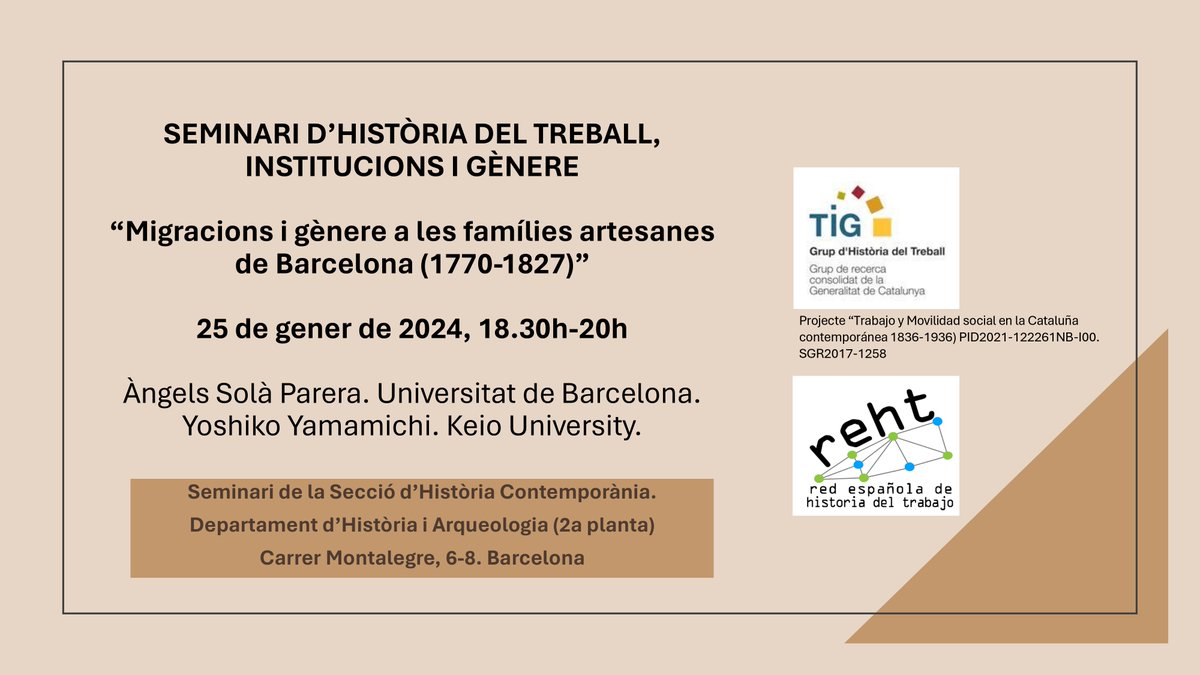 tig_ub's tweet photo. ❗️Nou seminari del grup!
Migracions i gènere a les famílies artesanes de Barcelona (1770-1827)

per Àngels Solà i Yoshiko Yamamichi

📆25 de gener
🕗18.30h
📍Seminari de la Secció d'Història Contemporània https://t.co/voGy5Ozh3u