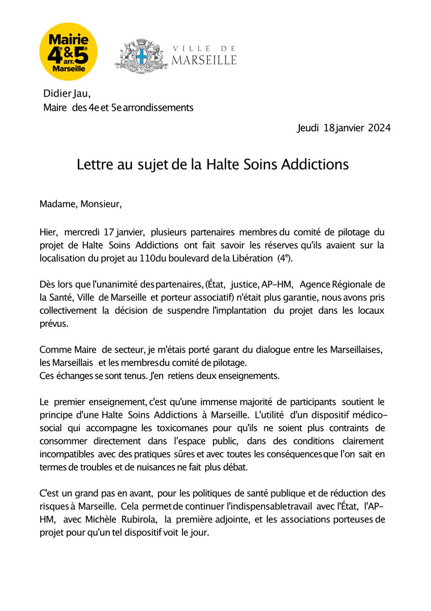 DidierJau's tweet photo. Ma réaction après la décision du Comité de pilotage de la Halte soins addictions de suspendre l'implantation du projet dans les locaux du 110 du boulevard de La Libération (4ᵉ). https://t.co/0kTesGhvSz