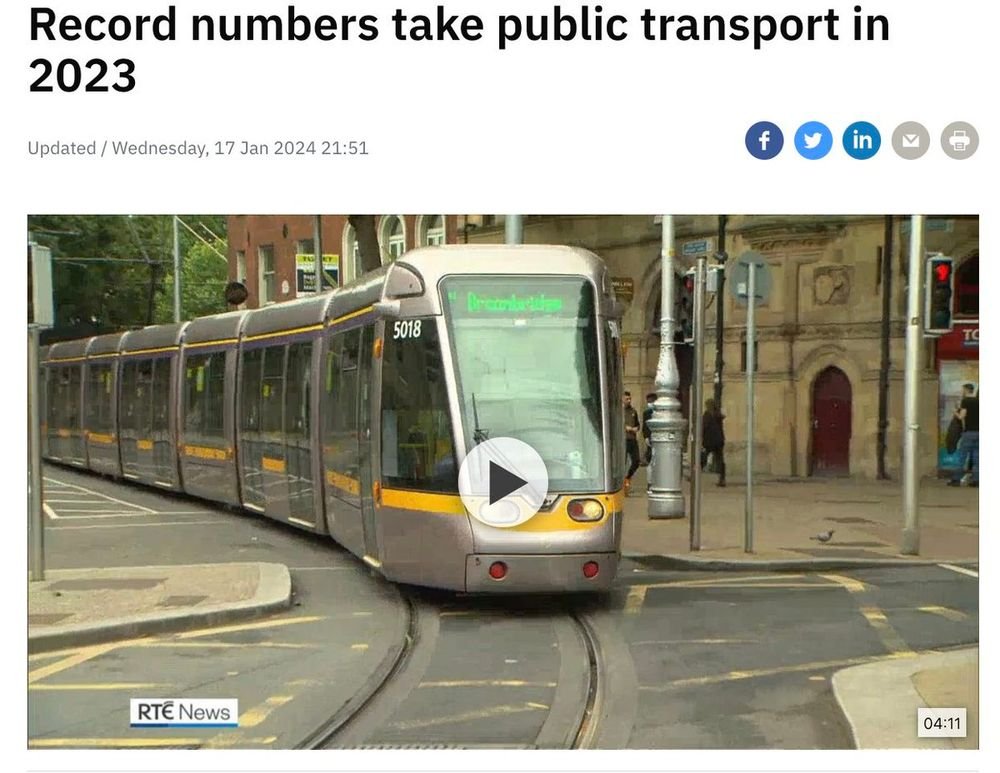 Last year Ireland set a new record for transit ridership. Passenger counts grew 25% from 2022 and were 5% above 2019 (pre-COVID). Story cites recent transit service expansions. rte.ie/news/2024/0117…