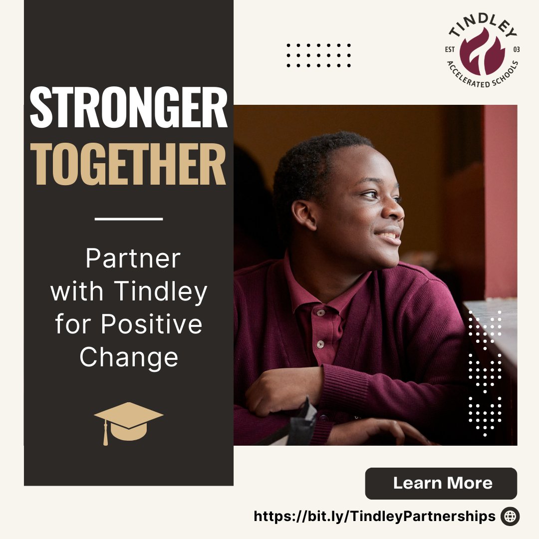🌟🤝 Partner with Tindley for Positive Change! 

Join Tindley Accelerated Schools' corporate partnership program and make a lasting impact on scholars' lives.

🔗 Find out how at bit.ly/TindleyPartner…

#TindleyPartners #CorporateGiving #EducationImpact