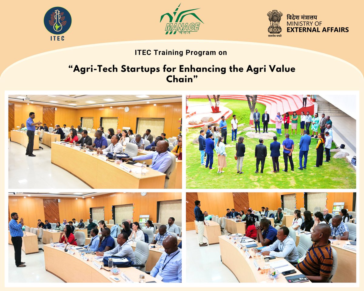 CiaManage's tweet image. MANAGE-CIA is organizing an International Training Programme on &quot;Agri-Tech startups for Enhancing the Agri Value Chain&quot; from 17-30 January, 2024, initiative by the Ministry of External Affairs (MEA), Government of India.

#AgriTechTraining #AgriValueChain
#ITECProgramme