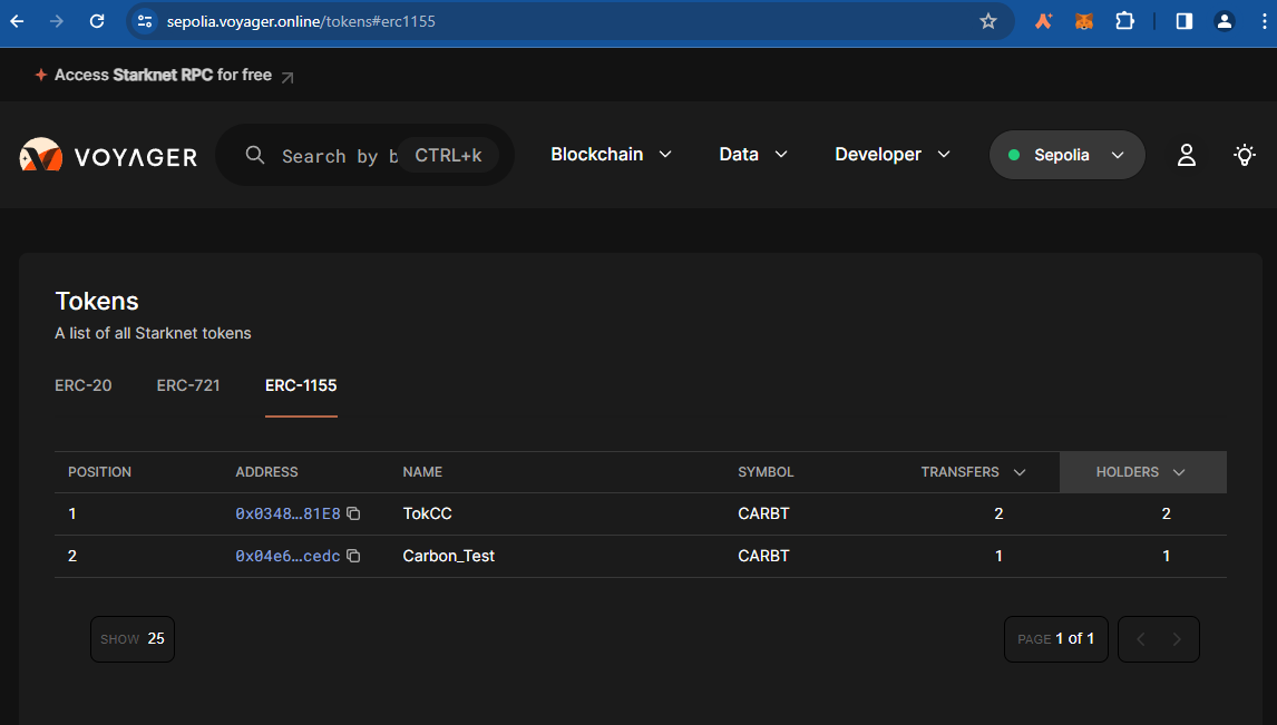 CypherChappie's tweet photo. 🌐 @Carbonable_io is making waves as the first to deploy an ERC1155 Smart Contract on the Starknet Sepolia testnet, gaining recognition from Voyager Scanner! 🚀💡 Dive into the future of sustainability with us. #CarbonNeutral #BlockchainInnovation #SepoliaTestnet 🌿🔗 https://t.co/DmMySIz6r5