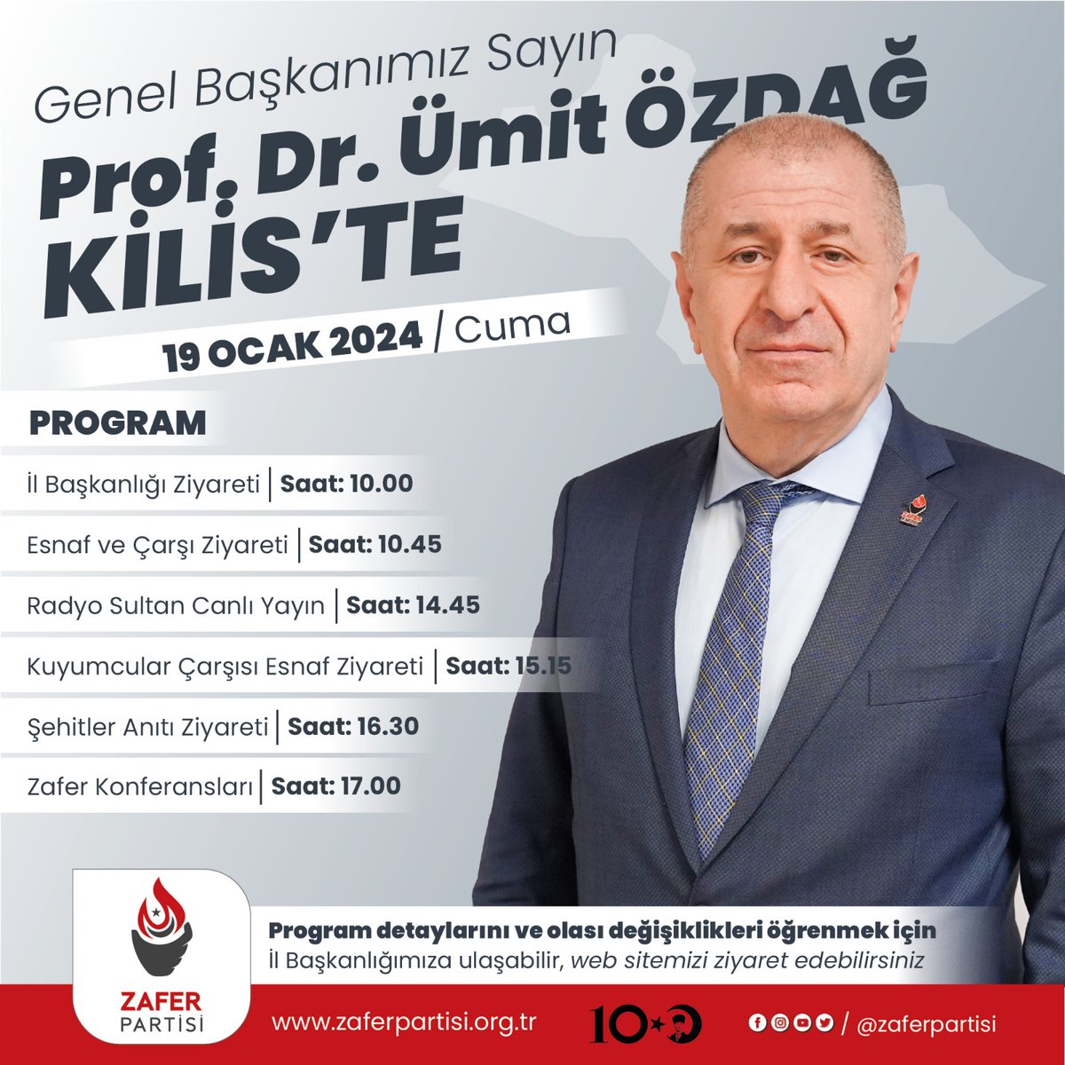 Sevgili Kilisliler,
19 Ocak Cuma günü (yarın) Zafer Partisi Genel Merkez heyeti ile birlikte sizleri ziyaret edeceğiz.
Hep birlikte Kilis'i bu işgalden kurtarmanın, Zafer'in yolunu konuşacağız.
#KilisinZaferi
#TürkiyeninZaferi