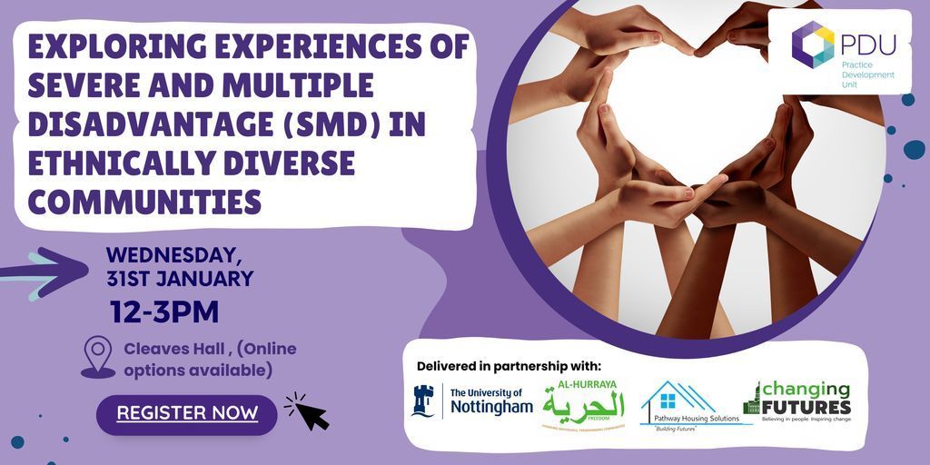 Our Practice Development Unit (PDU) is partnering with Al-Hurraya, @pathwayhs, and @UniofNottingham to discuss local research on severe and multiple disadvantage (SMD) within ethnically diverse communities. 📅 2 sessions running 31 Jan. 🔗 More info/book: buff.ly/41X330v