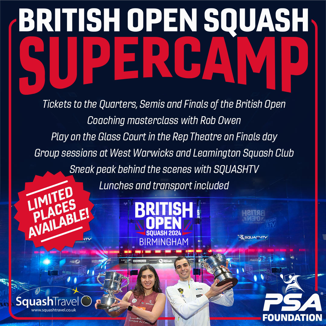 The complete squash experience in Birmingham this June, The British Open Squash Supercamp! A 3-day immersive experience that will give you your fill of the best squash around. Find out more here: psafoundation.com/british-open-s… @SQUASHTRAVEL @PSAWorldTour @BritOpenSquash