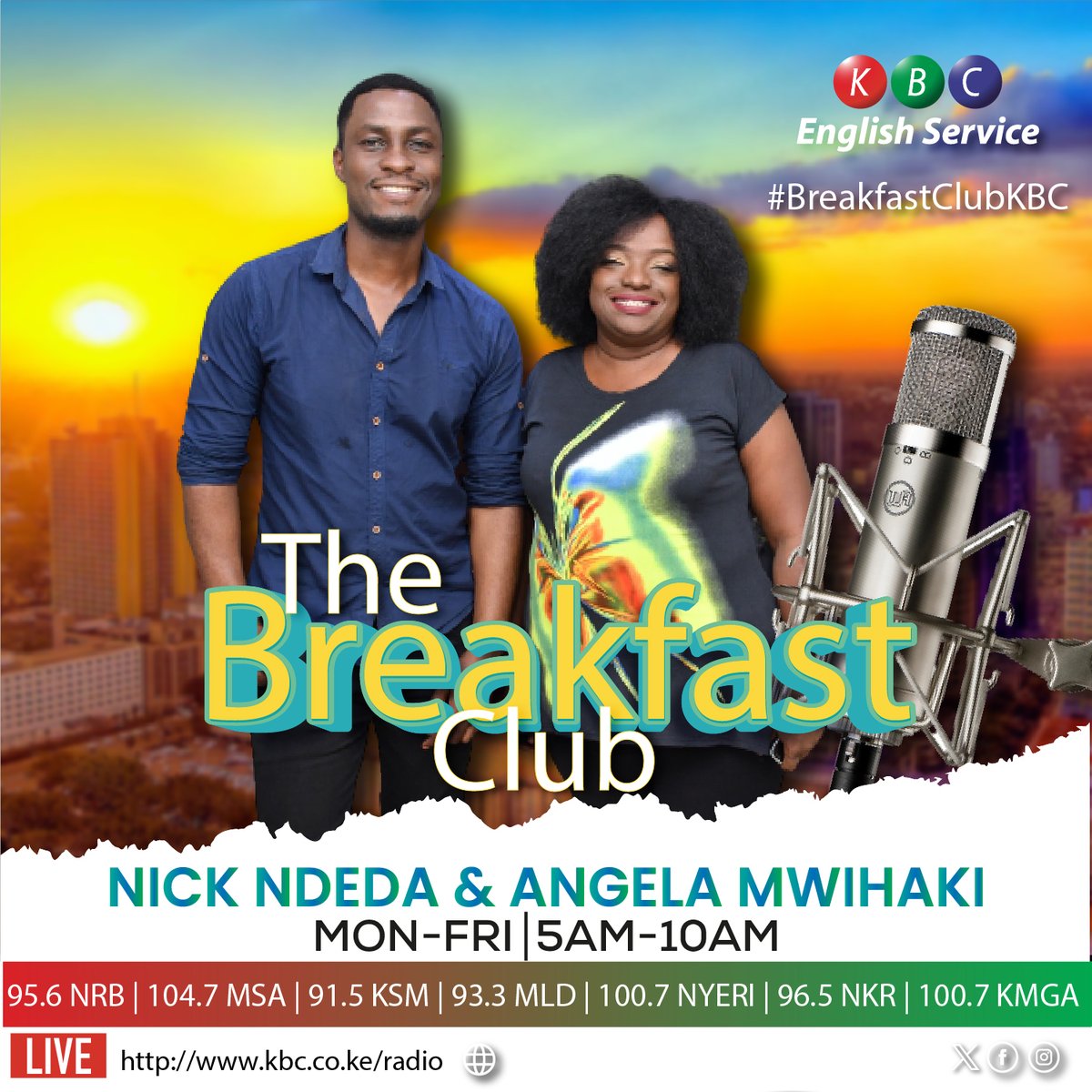 Friday is here! 🥳🤩💯 Link up with Nick Ndeda & Angela Mwihaki on #BreakfastClubKBC tomorrow morning from 0500HRS See you then @NickNdeda | @angelamwihaki