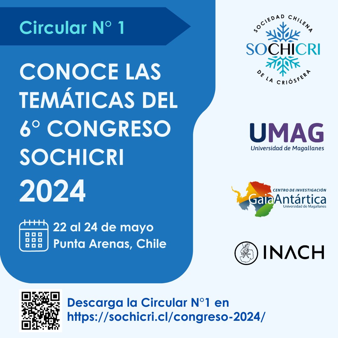 ❄️😃 Estamos felices de anunciar nuestro 6° Congreso SOCHICRI 2024 
que se realizará entre el 22 y 24 de mayo (el 25 haremos una salida a terreno) en Punta Arenas, Chile.

Infórmate sobre actividades y temáticas  en sochicri.cl/congreso-2024/

<a href="/inach_gob/">INACH</a> <a href="/UmagCiga/">CIGA UMAG</a> <a href="/udemagallanes/">Universidad de Magallanes</a>
