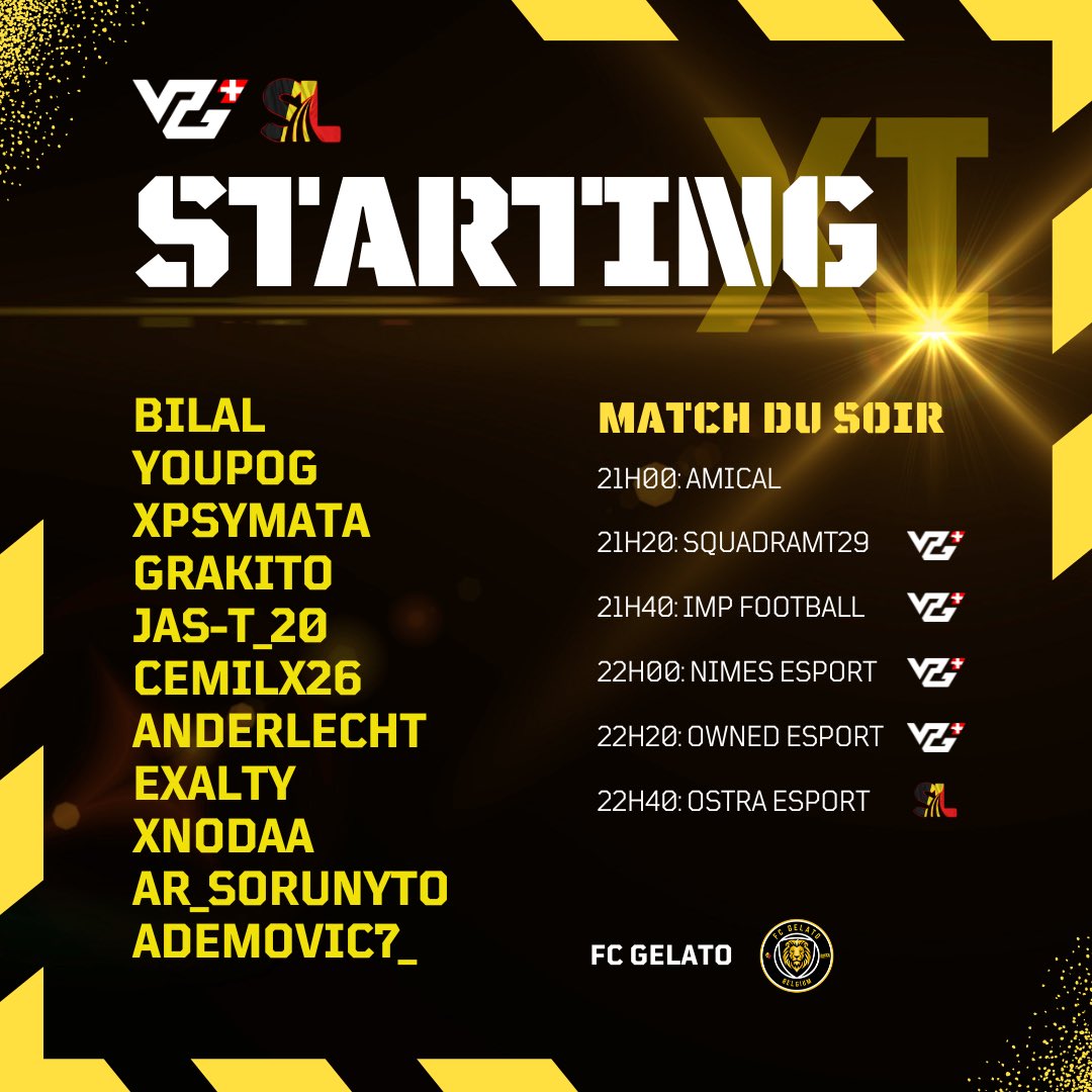 <a href="/SwissVPG/">VPG Switzerland 🇨🇭</a> @SantaBelgique <a href="/santa_liga/">SANTA LIGA</a> 

* 21h20 🆚 <a href="/NicoAgu88227340/">Squadra MT29 / Structure MT29</a> 
* 21h40 🆚 <a href="/ImpactFootball4/">Impact Football</a> 
* 22h00 🆚 <a href="/NimesEsports/">Nîmes Esports 🐊</a> 
* 22h20 🆚 @OwnedEsport_CP 
* 22h40 🆚 <a href="/OstraEsp_/">BlackVault</a> 

🔥⚔️