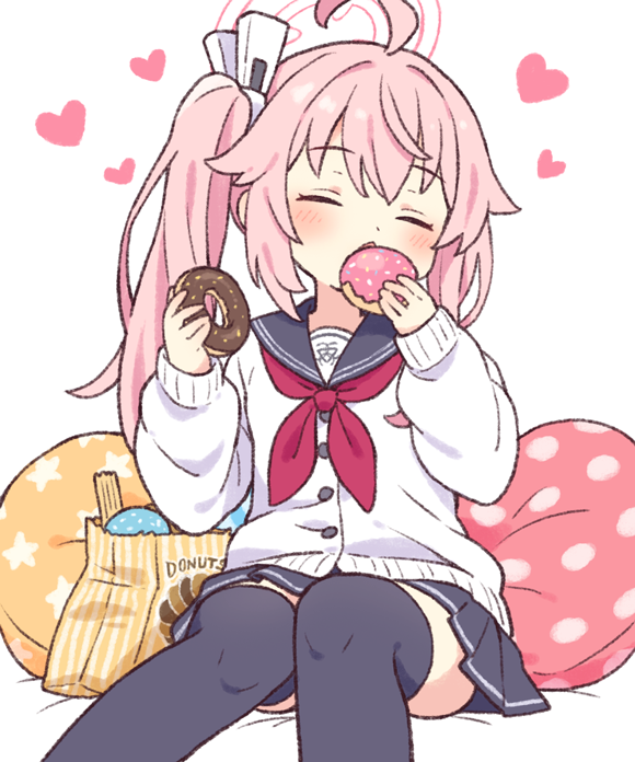 natsu (blue archive) 1girl food solo doughnut thighhighs pink hair side ponytail  illustration images