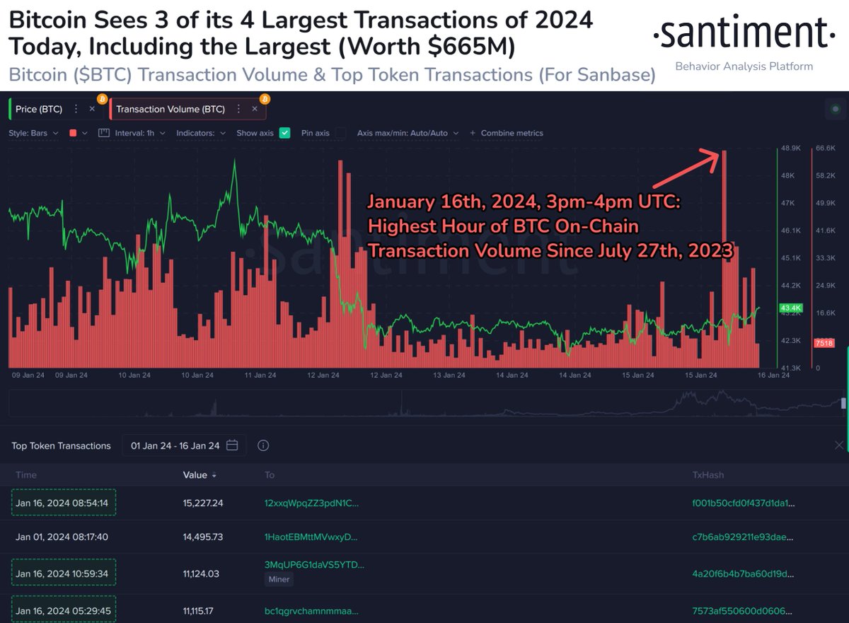 BitcoinNewsCom's tweet photo. NEW: 🐳 Whale moves 42,870 #Bitcoin worth 
💵 $665.3M on Jan 16, marking the largest #Bitcoin transaction so far in 2024 👀 https://t.co/SWMXnvgxjv