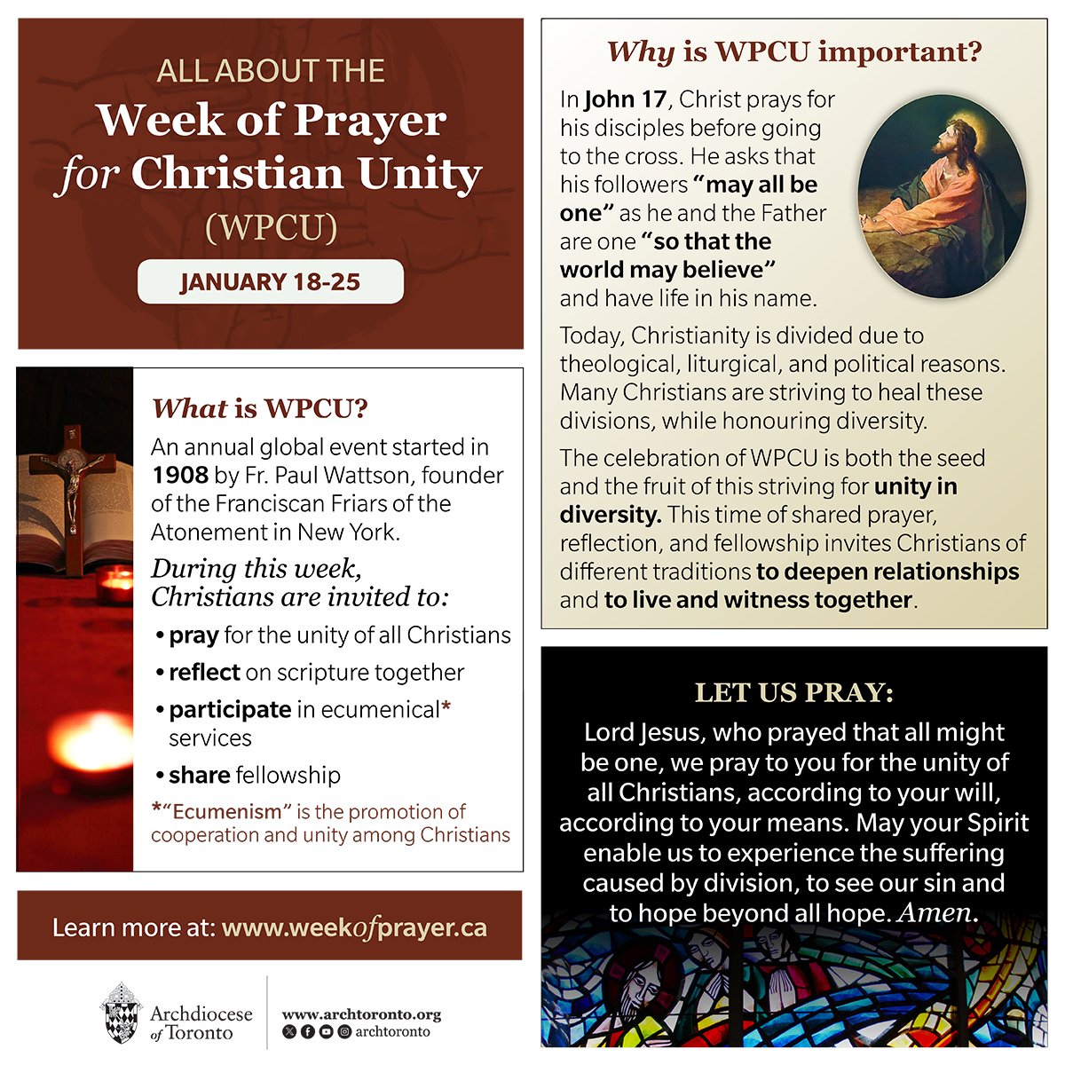 January 18-25, 2024 marks the annual celebration of the Week of Prayer for Christian Unity #WPCU2024. This year's theme inspires all of us to pray and work together for the unity willed by Christ for the Church. Learn more at weekofprayer.ca.