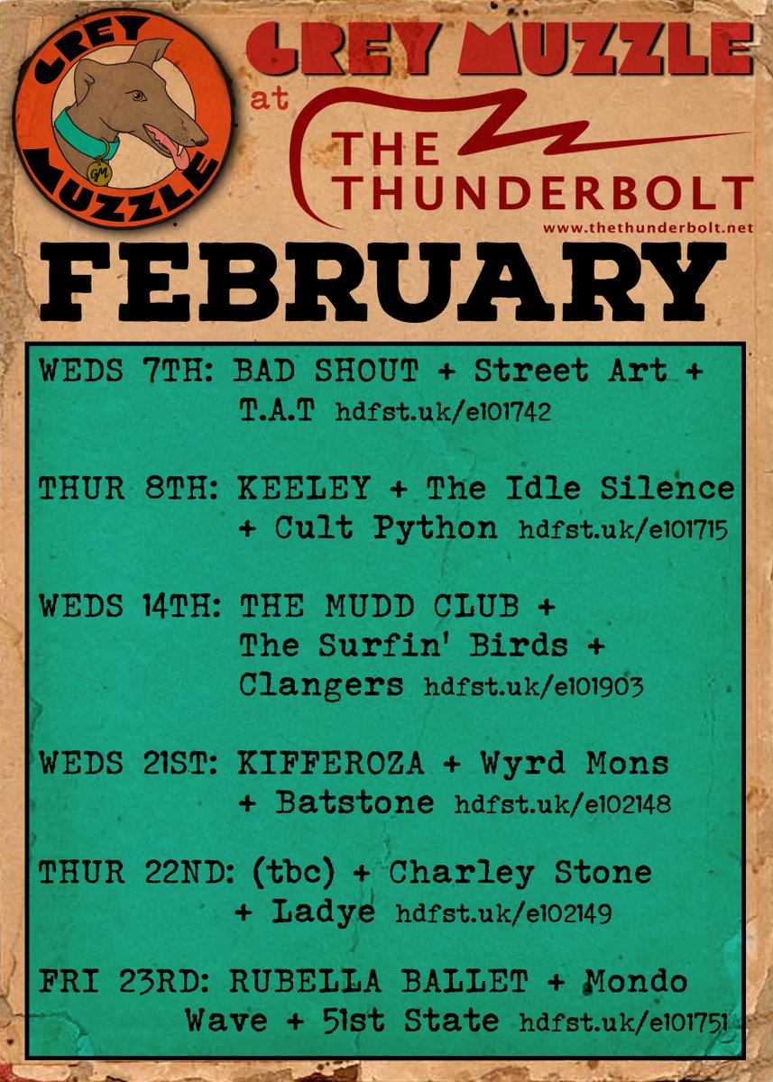 FEBRUARY AT @Thunderbolt_pub @KEELEYsound @TheSurfinBirds @charleston51 @RubellaBallet #livemusic #DIYmusic #DIYpromoter #supportyourlocalscene #Totterdown #Bristol #independentvenues #punk #indie #shoegaze