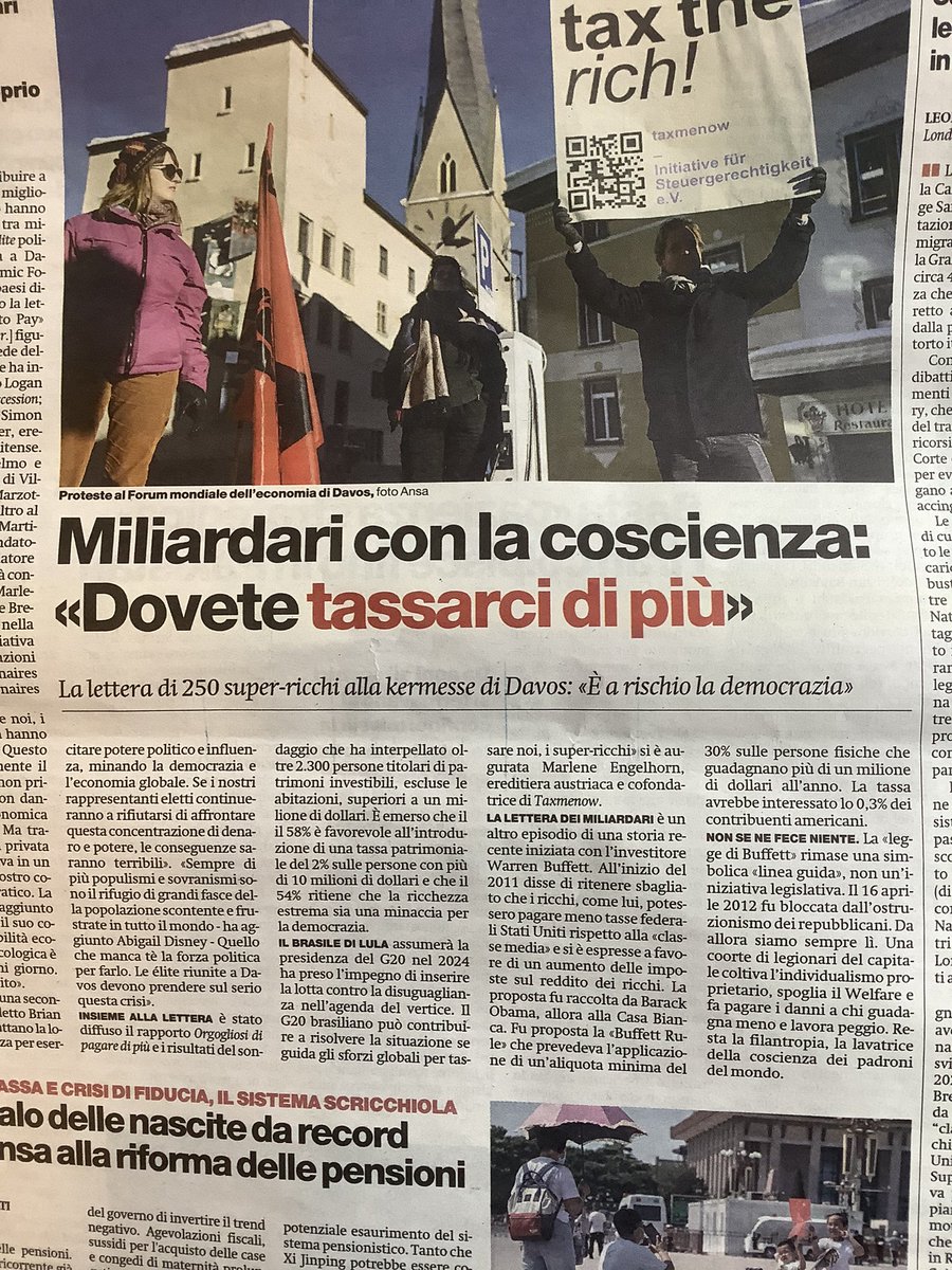 Per carità, iniziativa lodevole, anzi lodevolissima però per questi miliardari non riesco a commuovermi. Gli do certo atto di aver capito che se la situazione dovesse precipitare anche loro sarebbero danneggiati (anche se molto meno del resto della umanità) @ilmanifesto