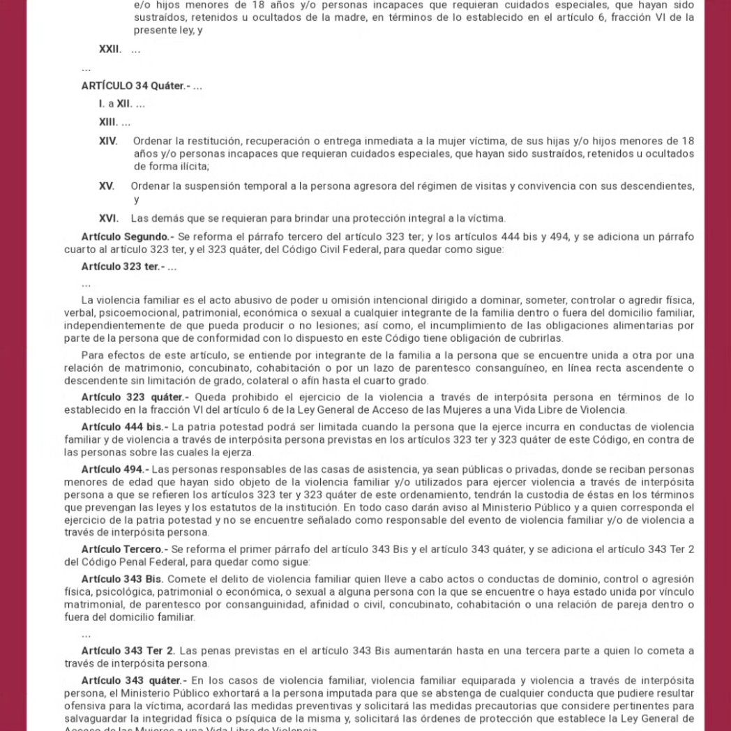 Se publica en el DIARIO OFICIAL DE LA FEDERACIÓN la reforma FEDERAL en materia de "violencia por interpósita persona" conocida como Violencia Vicaria.

DOF: 17/01/2024
 Publicación oficial 👇👇👇 dof.gob.mx/nota_detalle.p…