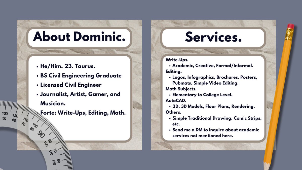 acadsbydom's tweet photo. hey, this is dominic — an academic commissioner offering quality works at student-friendly prices. to know more about me, check out my commission sheets below. anything else on your mind? my dms are always open for inquiries. https://t.co/ZRp3Q6gFAp