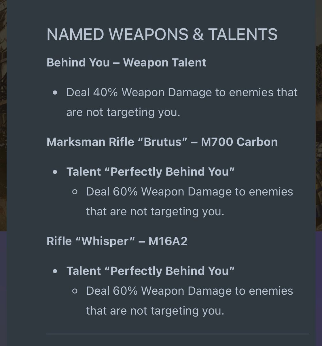 ColdBwoyy's tweet photo. As if glass cannon wasn’t already a problem in PVP now you can add 60% more damage 😂 I can already see it. Trolls hiding down the street, all reds, glass cannon and “behind you” talent @TheDivisionGame https://t.co/aRT41Fq4vF