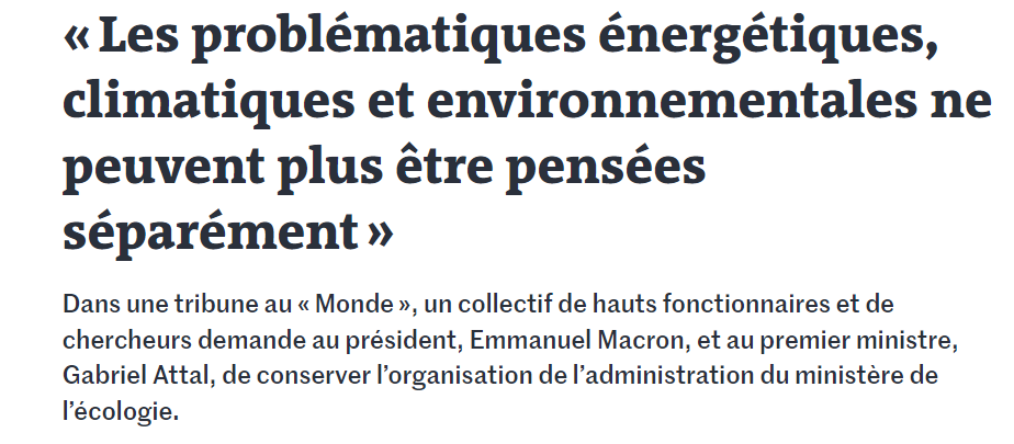 🚨#Remaniement
En réaction au transfert de l’énergie à Bercy, et car les enjeux énergétiques et climatiques sont indissociables, nous appelons dans <a href="/lemondefr/">Le Monde</a> le PR et le PM à maintenir l'organisation administrative actuelle du <a href="/Ecologie_Gouv/">Ministères Territoires Écologie</a>
👉lemonde.fr/idees/article/…👈🧵⤵️
1/5