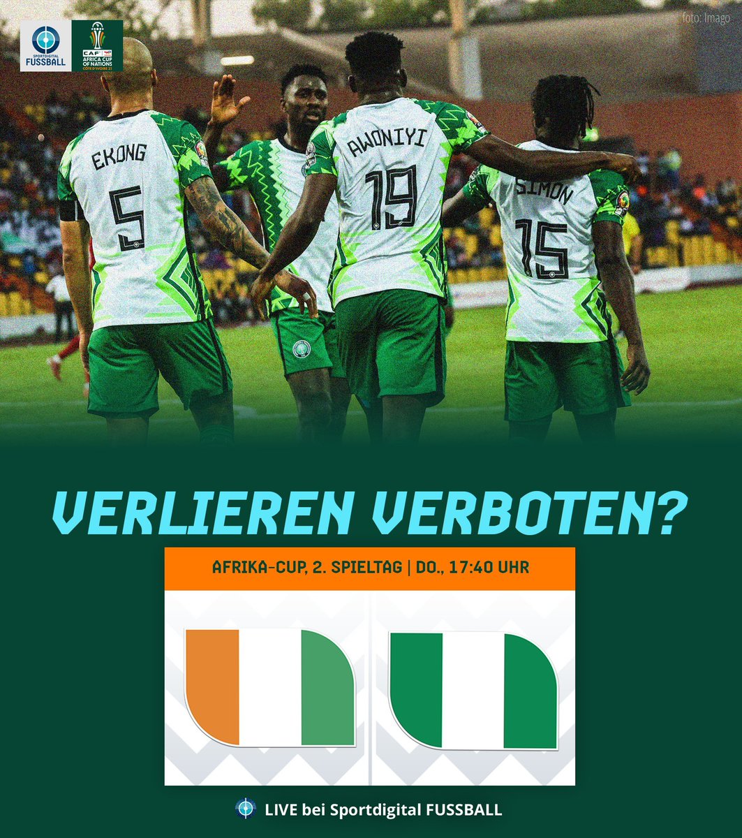 🗓️⚽️ مباريات اليوم ضمن بطولة كأس أمم إفريقيا كوت ديفوار 2023 توتال إنيرجيز

غينيا الاستوائية 🆚 غينيا بيساو
🕐15:00 بتوقيت المغرب

كوت ديفوار 🆚 نيجيريا
🕐18:00 بتوقيت المغرب

مصر 🆚 غانا
🕐21:00 بتوقيت المغرب 

#كأس_أمم_إفريقيا
#TotalEnergiesAFCON2023 
#ounahi
#cotedivoire