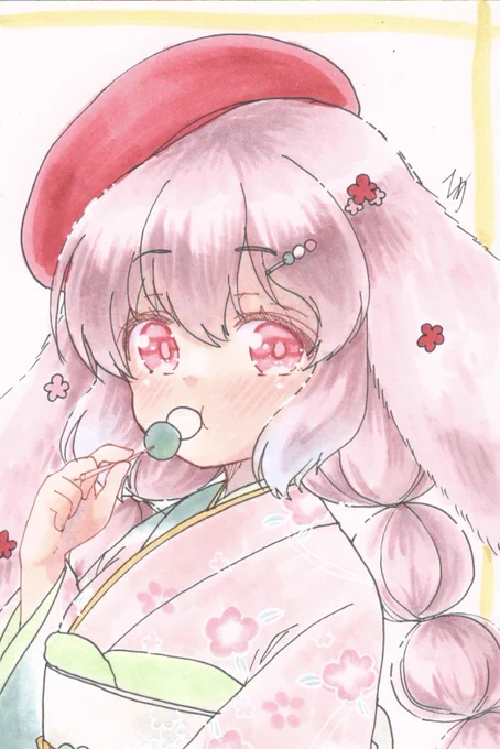 #うちの子大図鑑展2 ノンフレーム 着物を見せてくれるなおちゃん お年玉をもらったので見せてくれるユキちゃん 三色団子を食べるはなちゃん