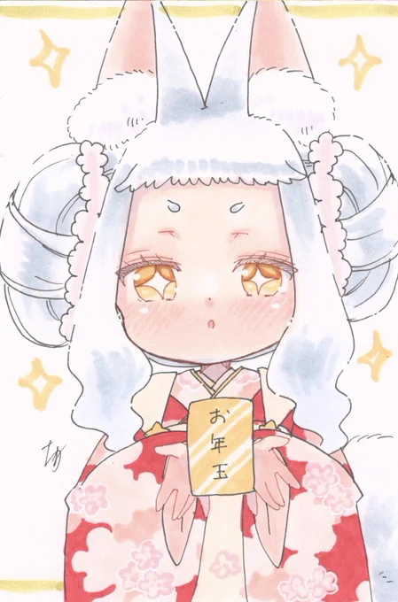 #うちの子大図鑑展2 ノンフレーム 着物を見せてくれるなおちゃん お年玉をもらったので見せてくれるユキちゃん 三色団子を食べるはなちゃん