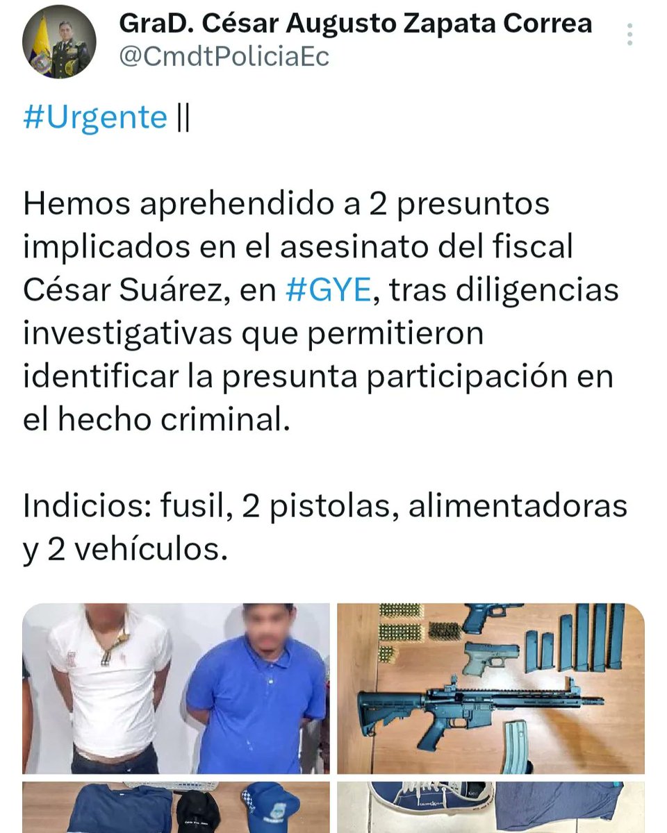 RadioMorena640's tweet photo. #ATENCION 🚨// Dos hombres fueron detenidos por el asesinato del fiscal #CesarSuarez, quien fue acribillado la tarde de este miércoles en Los Ceibos. La @PoliciaEcuador decomisó además un fusil, dos pistolas, alimentadoras y dos vehículos. 

#Urgente #Nacionales #Radio #Ecuador https://t.co/Vzwu3g01G0