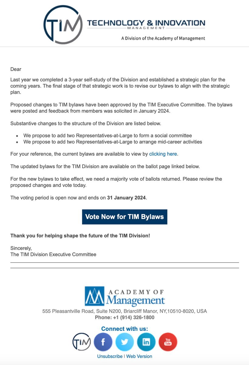 +++ Vote Now on TIM Bylaws +++ Last year we completed a 3-year self-study of the Division and established a strategic plan for the coming years. The updated bylaws for the TIM Division are available on the ballot page sent via email to all TIM members.