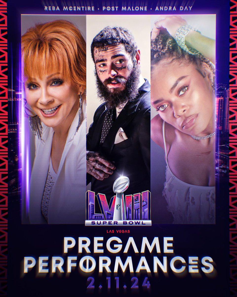 NFL's tweet photo. Your Super Bowl LVIII Pregame Lineup: 
National Anthem: @Reba
America The Beautiful: @PostMalone
Lift Every Voice and Sing: @AndraDayMusic
 
See you on February 11th 🔥 @RocNation 

📺: #SBLVIII on @NFLonCBS https://t.co/i3OPvxmYsJ