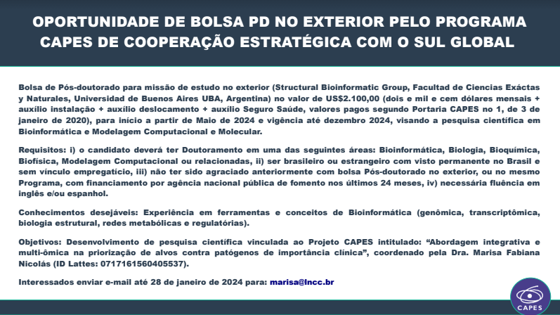 bibimpg_ufrj's tweet photo. 🚨 Divulgando oportunidades de treinamento na Universidade de Buenos Aires para pósdoc, pesquisador sênior e pesquisador júnior.
⌛ Interessados deverão enviar e-mail até o dia 28 de janeiro!
#bioinformática #biologia #bioquímica #biofísica #modelagemcomputacional #genômica https://t.co/RJo1zj4XkT