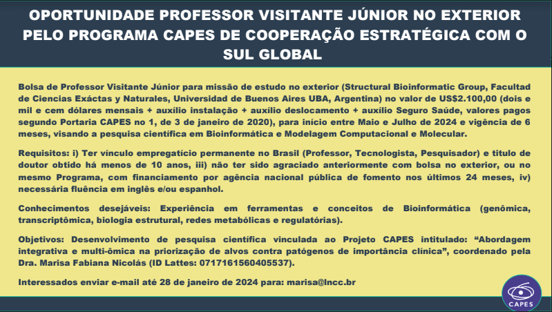 bibimpg_ufrj's tweet photo. 🚨 Divulgando oportunidades de treinamento na Universidade de Buenos Aires para pósdoc, pesquisador sênior e pesquisador júnior.
⌛ Interessados deverão enviar e-mail até o dia 28 de janeiro!
#bioinformática #biologia #bioquímica #biofísica #modelagemcomputacional #genômica https://t.co/RJo1zj4XkT