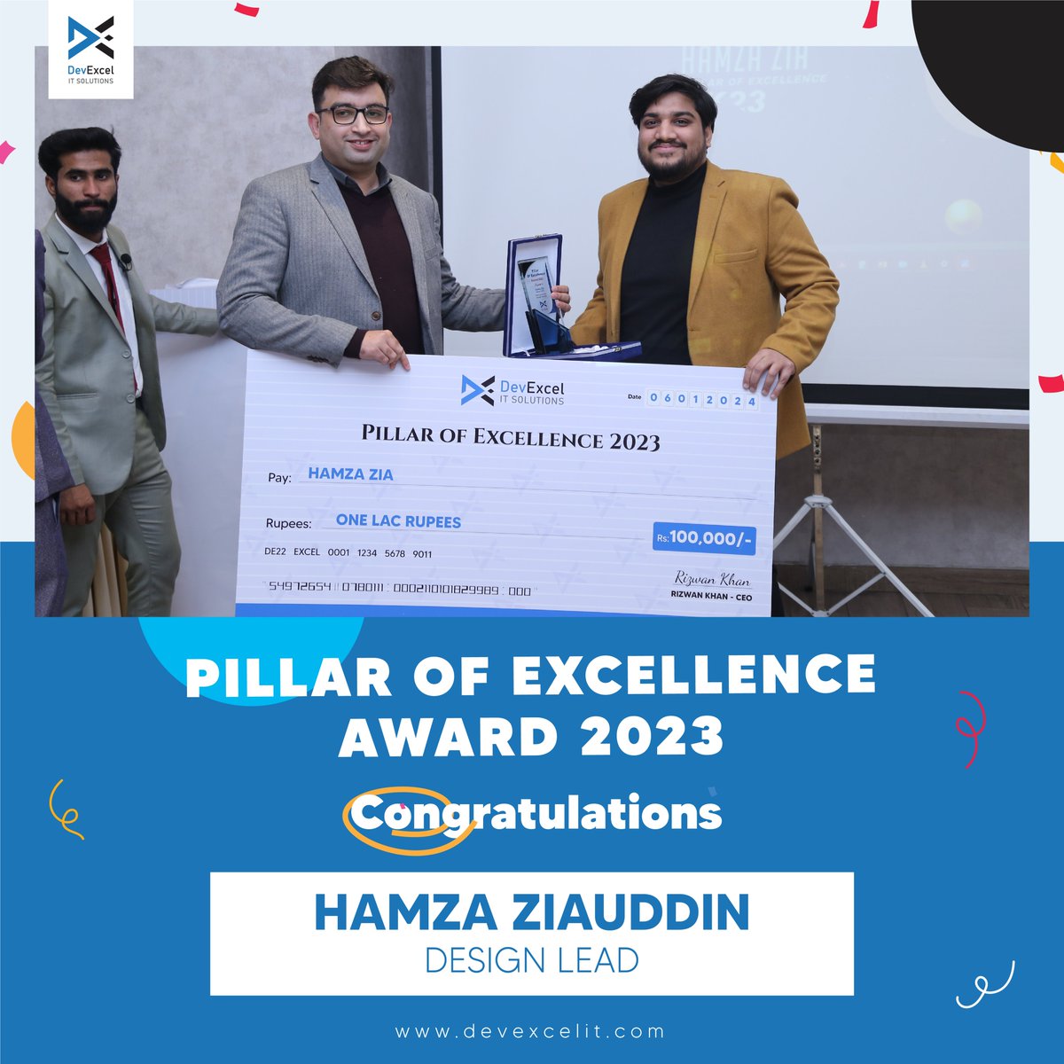 dev_excel's tweet photo. We are thrilled to announce that Hamza Ziauddin, our Design Lead 🎨, and Qasim Subhani, Senior Software Engineer 💻, have been awarded the Pillar of Excellence at DevExcel.

Recognized for their outstanding contributions, Muhammad Umer Asif, our COO 🏆, presented the awards. https://t.co/WHKhQQPrlW