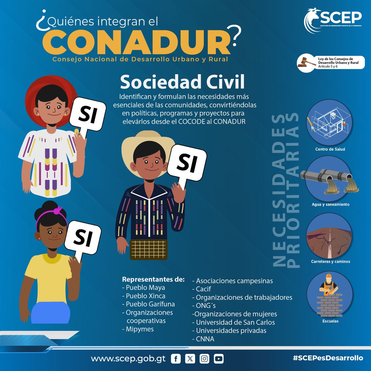 El Sistema de Consejos de Desarrollo #Siscode es el medio principal de participación de la población Maya, Xinca y Garífuna y la no Indígena, en la gestión pública para llevar a cabo el proceso de planificación democrática del Desarrollo.

#SCEPesDesarrollo