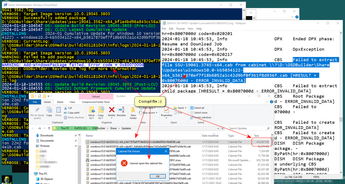 manelrodero's tweet image. I think the problem with installing the LCU on Windows 10 22H2 with #OSDBuilder is now solved.
I enabled the --verbose option and checked the logs to see that an SSU could not be found within the CAB.
I couldn't open the CAB from File Explorer either because it was corrupt ;-)
