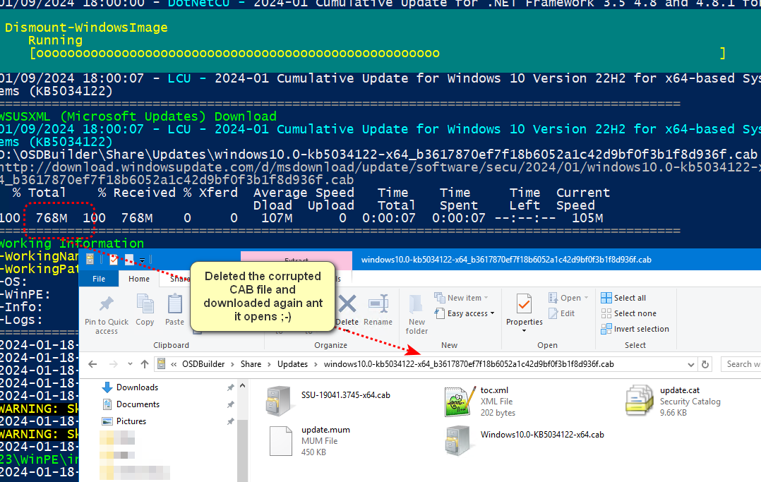 manelrodero's tweet image. I think the problem with installing the LCU on Windows 10 22H2 with #OSDBuilder is now solved.
I enabled the --verbose option and checked the logs to see that an SSU could not be found within the CAB.
I couldn't open the CAB from File Explorer either because it was corrupt ;-)
