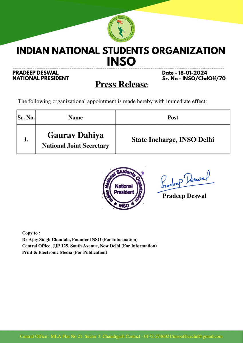 INSO National President, <a href="/DrPradeepDeswal/">Pradeep Deswal</a> has appointed Sh. Gaurav Dahiya, National Joint Secretary as Incharge of INSO Delhi with immediate effect.