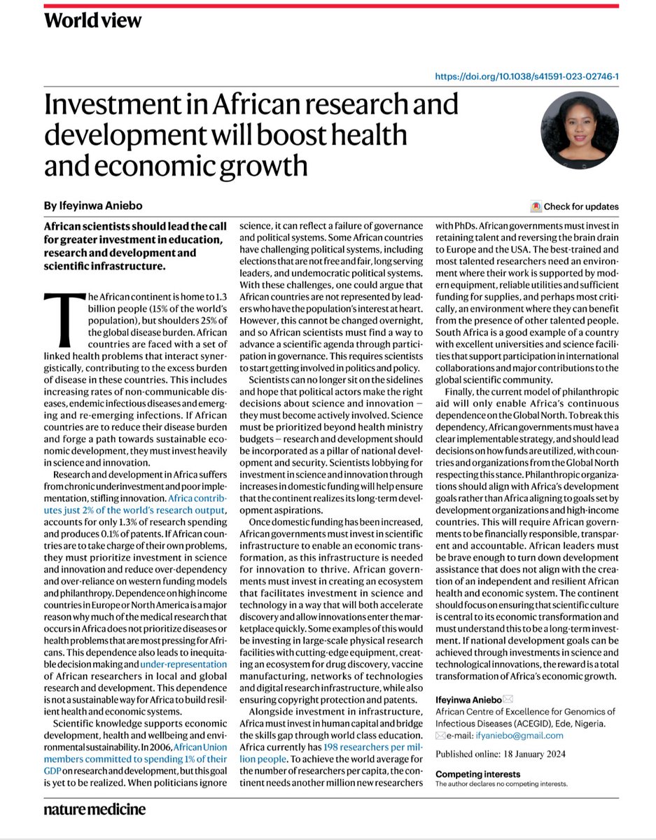 IfyAniebo's tweet photo. Here’s my latest publication on @NatureMedicine highlighting the need for Investment in African research and development to boost health and economic growth on the continent. 

#WomenInScience https://t.co/VN3MowdVqx