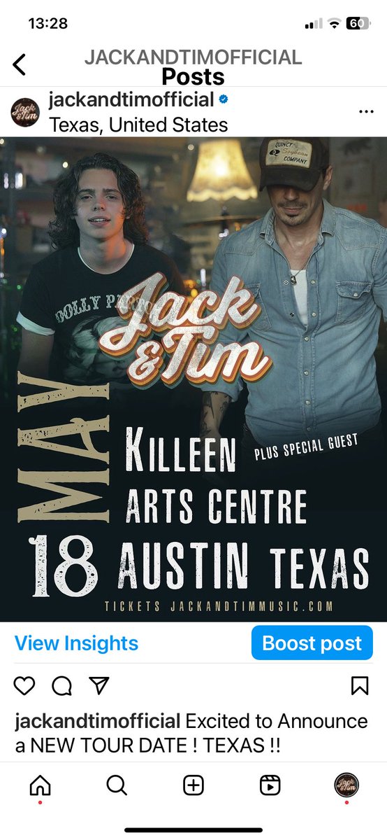 Excited to Announce a NEW TOUR DATE ! TEXAS !! YEEHAW ! Cannot wait to see this part of the States ! Grab a ticket by clicking the link in the bio or at our website jackandtimmusic.com #jackandtim #tour #ustour #fatherandson #britishtakeover #countrymusic