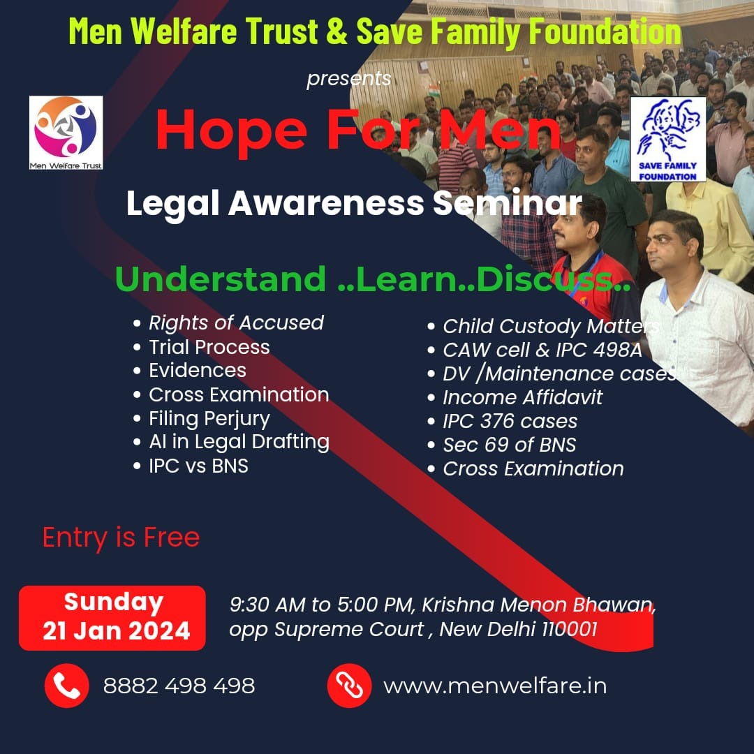 If you are affected by abuse of genderbased laws then here's a knowledge session that would give you insight on most of what you need to know on fighting back false cases.
The session is free and will be around the following discussion topics:

▪️CAW cell proceedings 
▪️Rights of