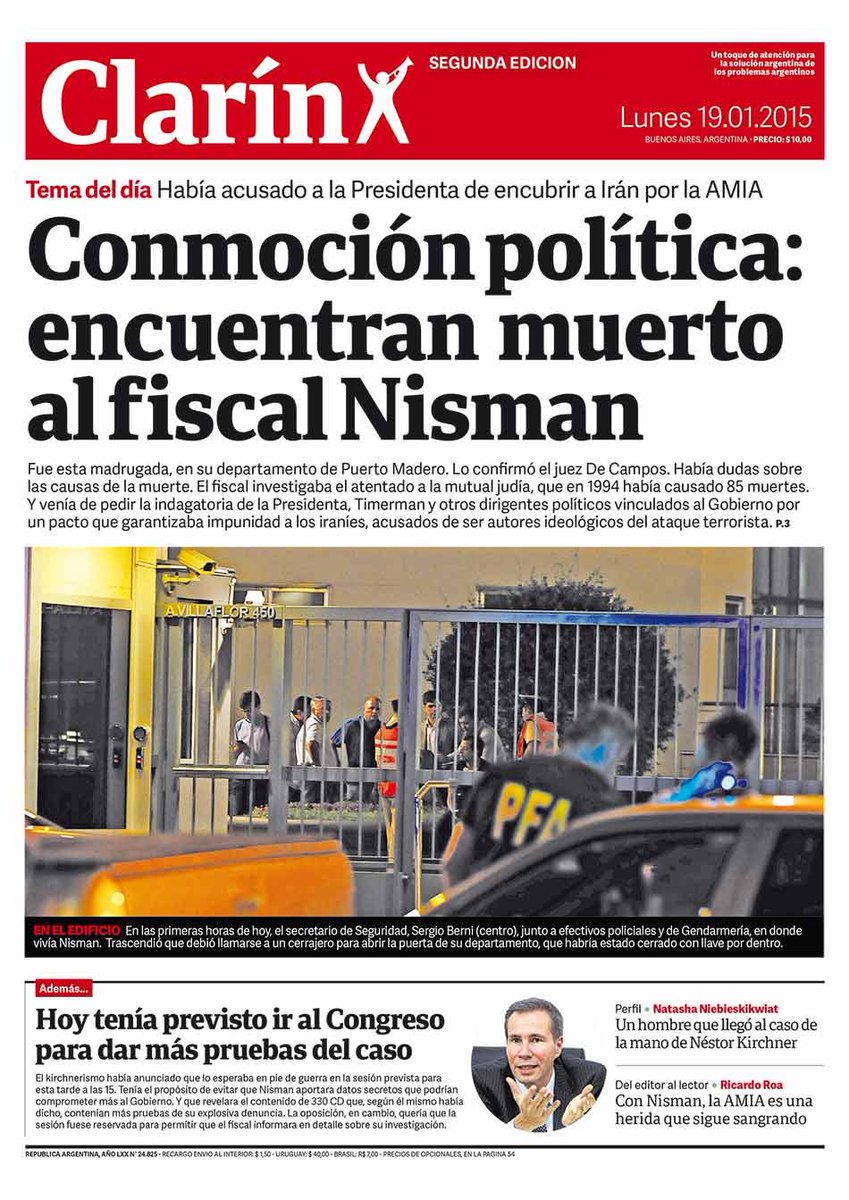 mau_comandatore's tweet image. Estos eran los titulares de los diarios en 2015.

El 18 de Enero todos expectantes porque al otro día Nisman iba a ir a exponer al Congreso de la Nación las pruebas de su denuncia contra Cristina Kirchner.

El 19 de Enero la noticia principal era su muerte.

Esto ya dice mucho.…