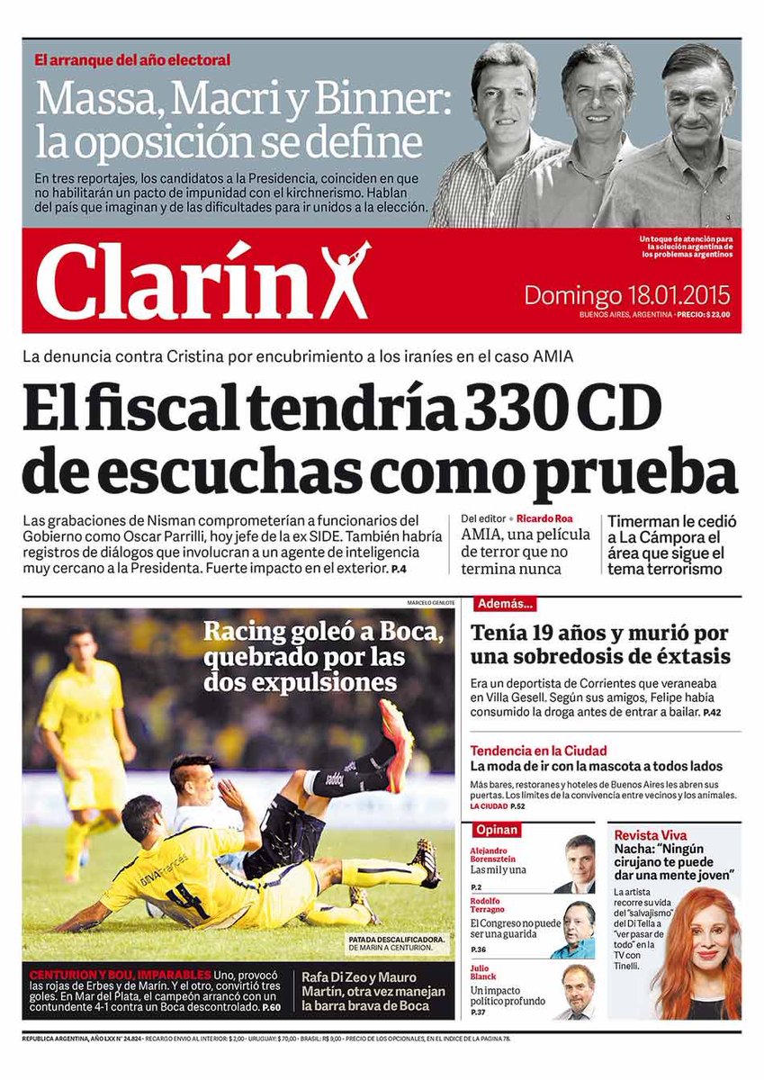 mau_comandatore's tweet image. Estos eran los titulares de los diarios en 2015.

El 18 de Enero todos expectantes porque al otro día Nisman iba a ir a exponer al Congreso de la Nación las pruebas de su denuncia contra Cristina Kirchner.

El 19 de Enero la noticia principal era su muerte.

Esto ya dice mucho.…