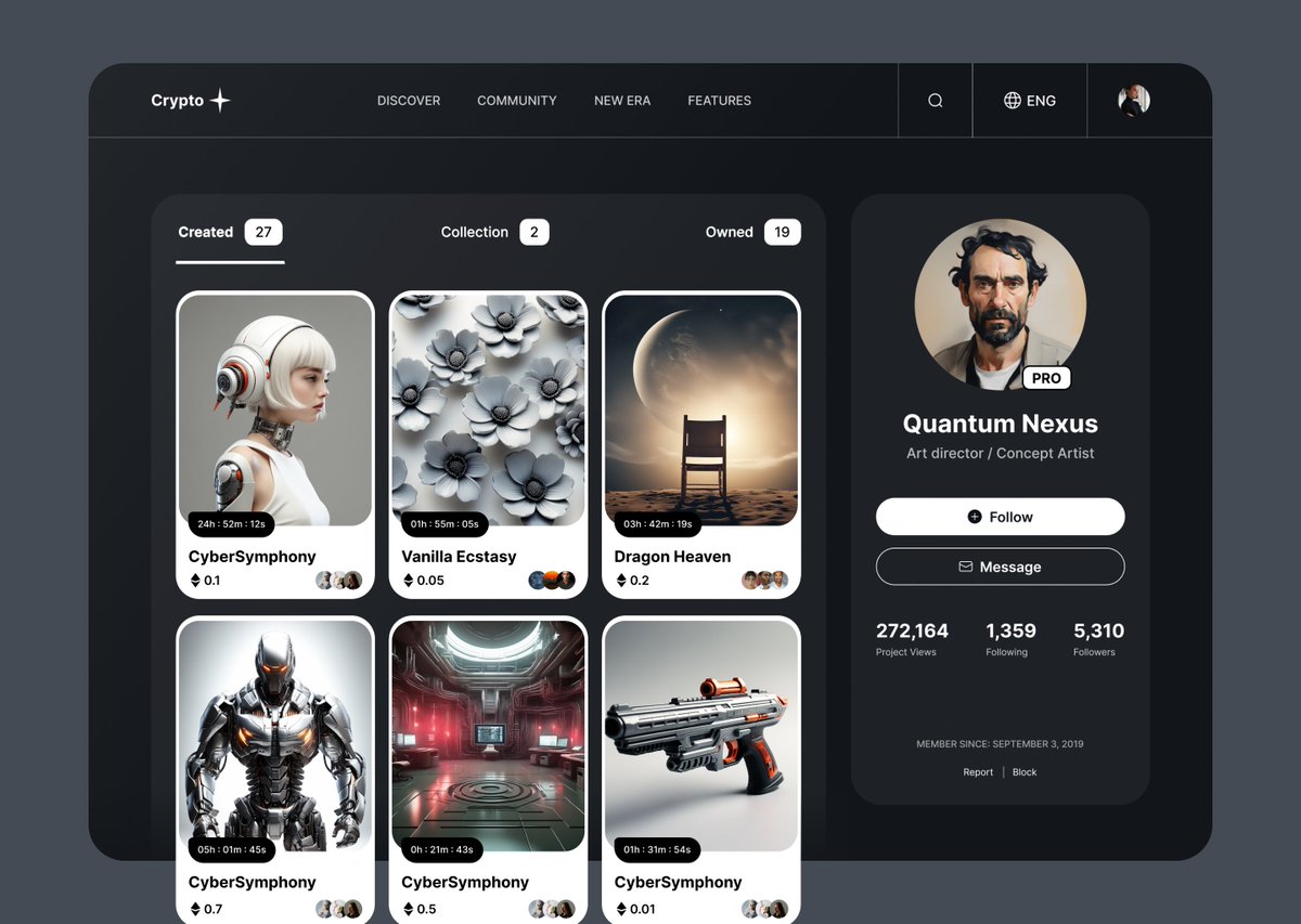 W3Forge's tweet photo. A new dawn of the NFT market is coming right up, and it calls for new features and upgrades. With this in mind, we have created an NFT marketplace that provides a fresh perspective on digital asset trading.

Our goal, as always, was to simplify the user’s interaction with the platform and provide all the crucial tools and features without overwhelming the user with unnecessary steps to access them.

Browsing collections, searching your favourite artists, keeping up with the trends and analysing the performance of the assets you own in an informative interface are the instruments the user can reach making a single click.

Knowing how important it is to stay in the loop and keep up with every new trend, we have transferred all the trends data to a separate “New Era” page, that uses data analysis and machine learning to point out the trends just as they start to appear and provide real-time data on the auctions that happen right now.

Through these steps, we have created an accessible NFT marketplace platform that provides crucial insights on the market activity while making it extremely easy to navigate.

Follow us for more showcases and if you need a carefully crafted app for achieving your unique set of goals, contact us at info@w3-forge.com

And if this project brings you inspiration, you can find the full case description in our Dribbble: https://t.co/LxlwCoZalE

W3F out 📡