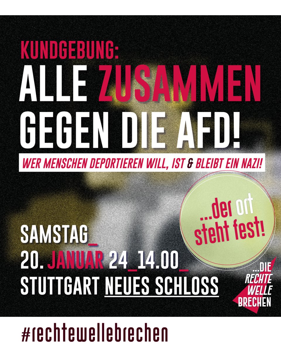 StgtGegenRechts's tweet photo. Am Samstag - 14 Uhr - Neues Schloss
KUNDGEBUNG: Alle zusammen #gegendieAfD!
https://t.co/xd36tZ8Y9s https://t.co/Z4t1wIQEs6