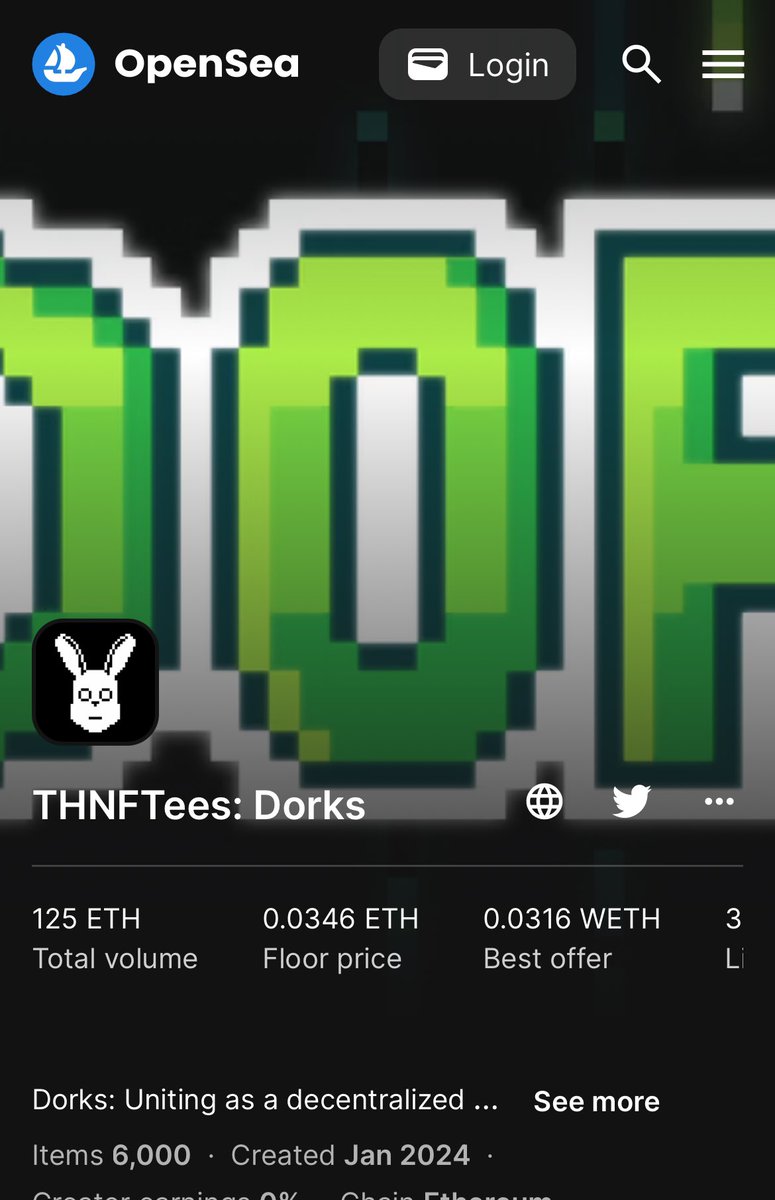 #Freemint project, #Trending for a week without art #reveal 

Trading volume 125 #ETH &amp; we are Still waiting for BROKENSEA verification <a href="/opensea/">OpenSea</a> 

Keep fading real builders like <a href="/srpeters/"></a> 

Dont be a 🤡, BUY A $DORK 

#THNFTeesDorks #GodHatesNFTees