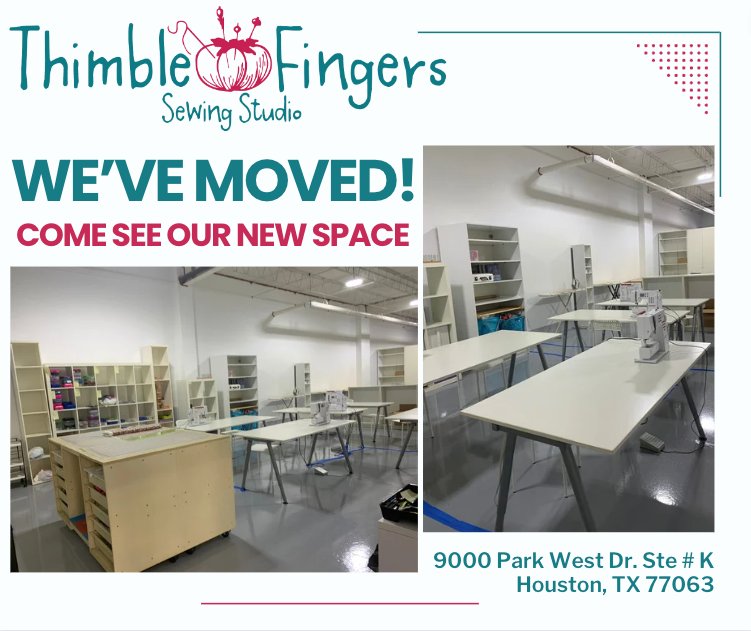 Thimble_Fingers's tweet image. Thimble Fingers Sewing Studio has a new address at Pineypoint Business Park, 9000 Park West Dr. Ste # K, Houston, Texas 77063. Unleash your creativity, reduce stress, and discover a supportive community. 📍✂️🧵 #ThimbleFingers #HoustonSewing ThimbleFingers.com