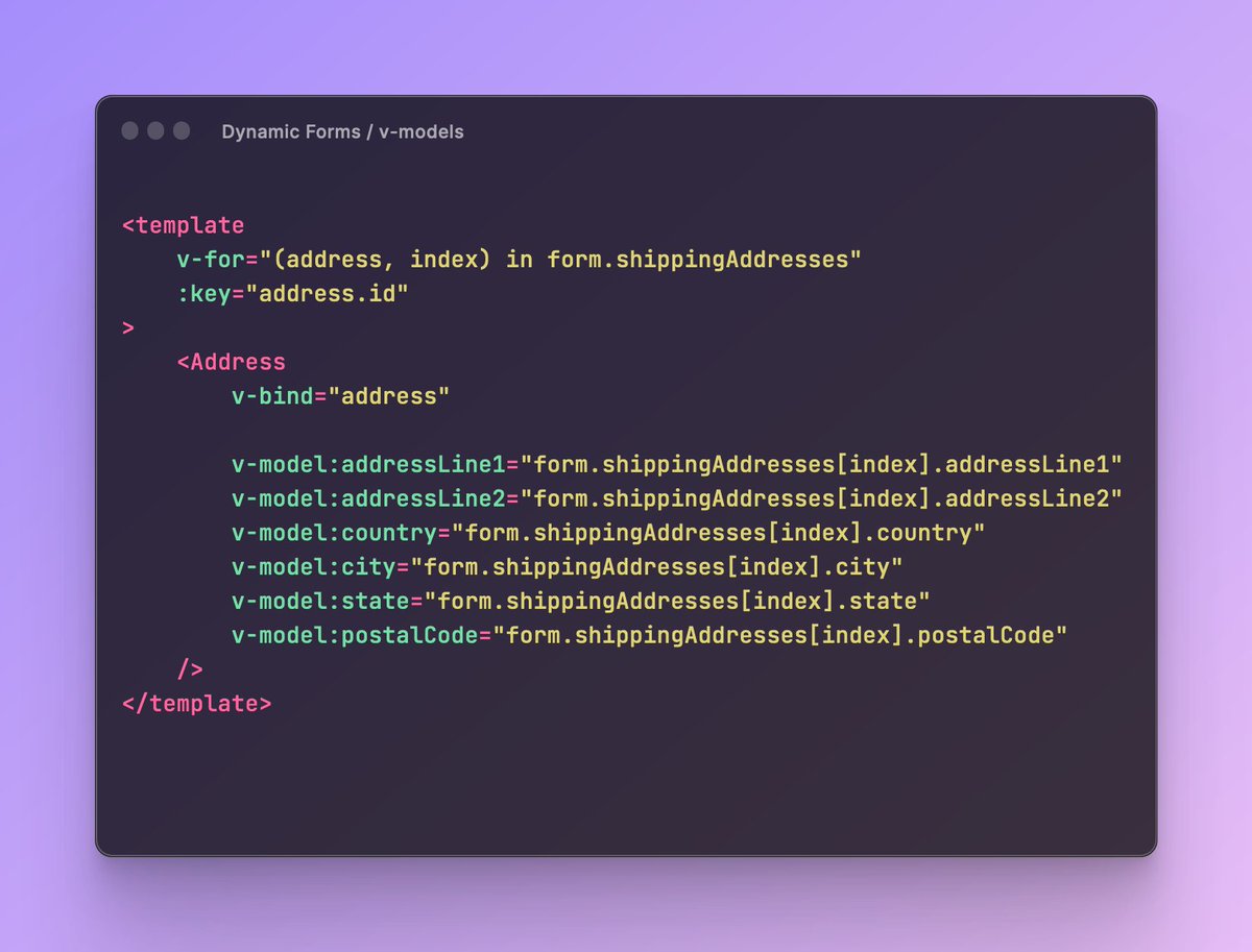 bhaidar's tweet image. 🌶️ Vue3 Tip: Dynamic Forms & multiple v-models in Vue3.
I have an array of addresses. I want to display them in edit mode. The user can edit any field. Also, I want to update the parent array.
Here's how I do it in #vue3 using multiple v-models & dynamic forms.