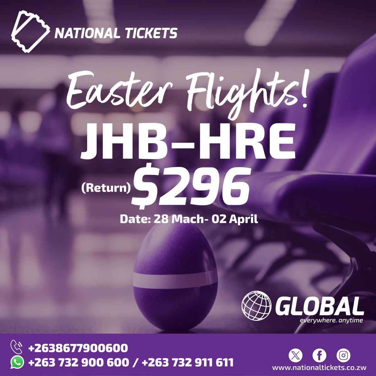 NatticksZim's tweet photo. Traveling this coming Easter? JHB-HRE $296 (return)π·π·
Book your ticket: WhatsApp
https://t.co/pMt0xuNzNP
#easter2024 #holiday #booknow #Convince #Nationaltickets #bookwithus #everywhereanytime #cheaptickets #flights #tourism #Johannesburg #Harare #Global #RETWEEET https://t.co/MBFyOKR8B1